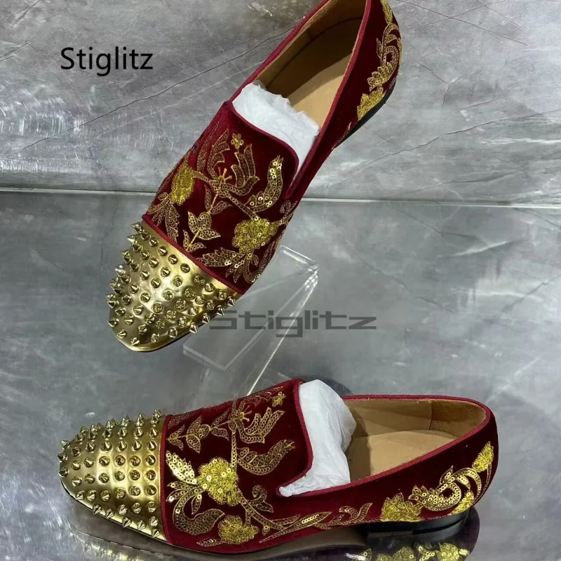 

Gold Embroidery Sequins Men's Shoes Studded Loafers Flat Casual Shoes Red Black Rivet Dress Wedding Shoes Spring Autumn New