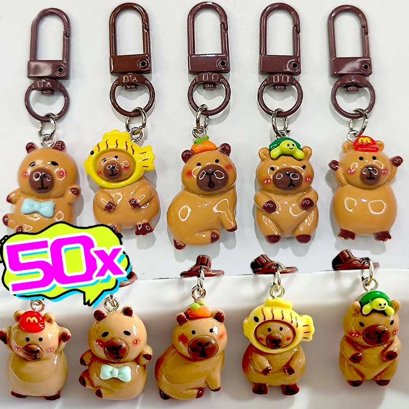 

1/50Pcs Cartoon Capybara Keychains Mini DIY Resin Cartoon Charms Bright Animal Bag Earphone Keychain Cute Car Pendants Keyrings