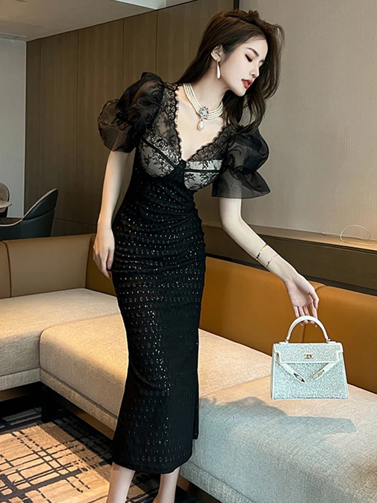 2023 Summer New in Dresses Women Elegant Noble Black Dress Sheer Puff Sleeves Split Fishtail Robe Femme Prom Party Vestido Mujer