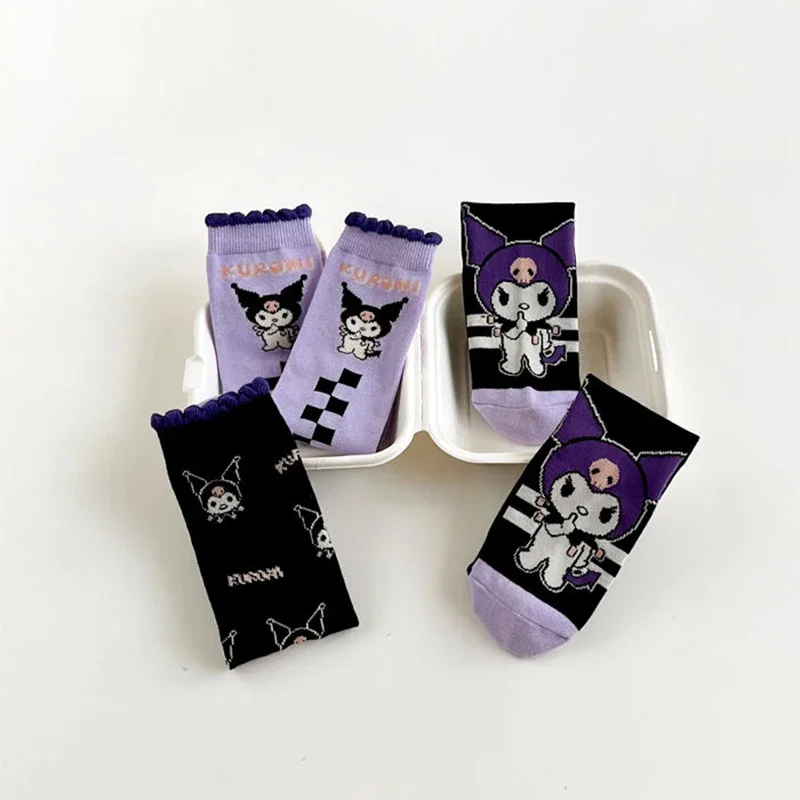 3Pcs Kuromi Children Socks Kawaii Sanrio Anime Cotton Breathable Girls Mid-Tube Socks Cute Cartoon Soft Socks Tide Gift for Kids