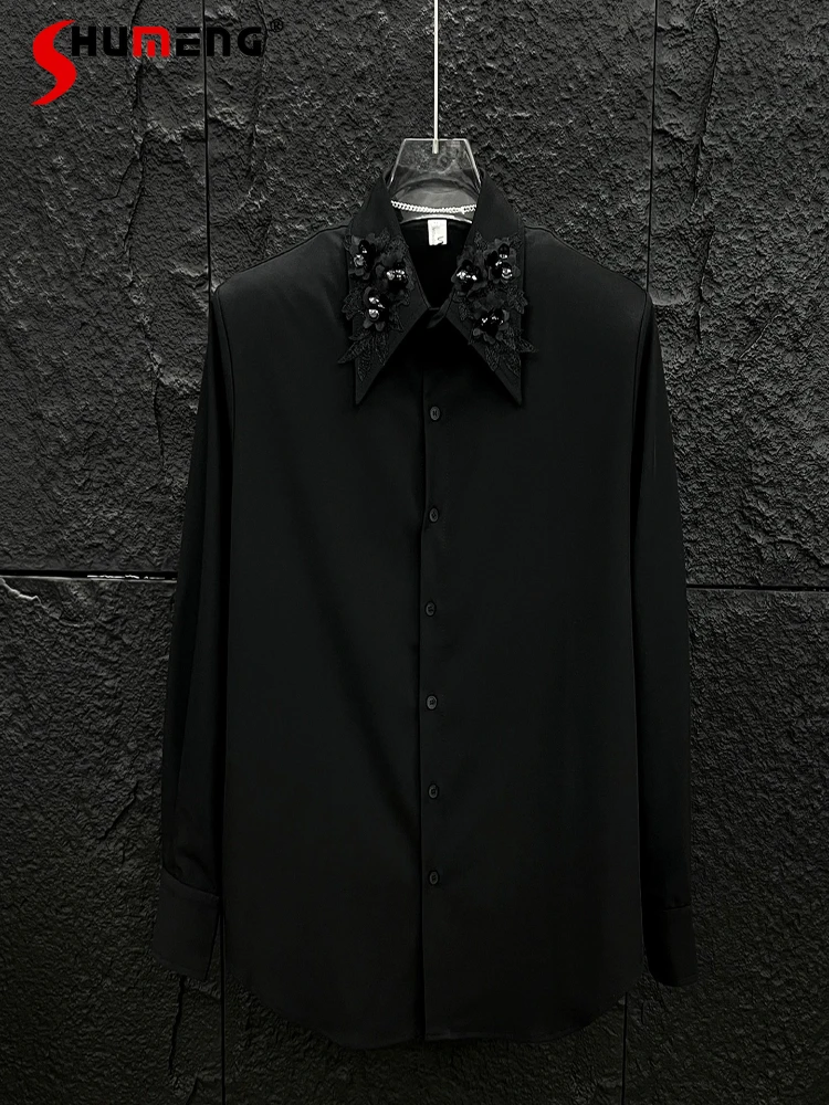 고급 입체 자수 셔츠 남성용 2025 가을 신상 멋진 패션 탑스 단색 트렌디 숄더 패드 셔츠