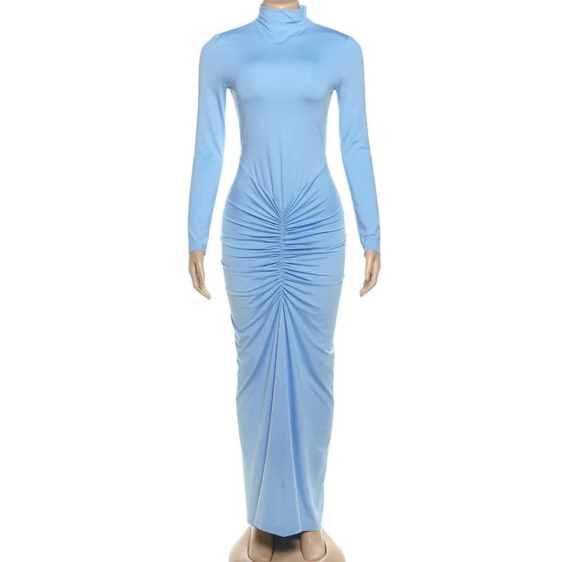 Women Solid Ruched Bodycon Maxi Dress 2025 Autumn Elegant Turtleneck Full Sleeve Slim Casual Streetwear Outfits Party Long Robe