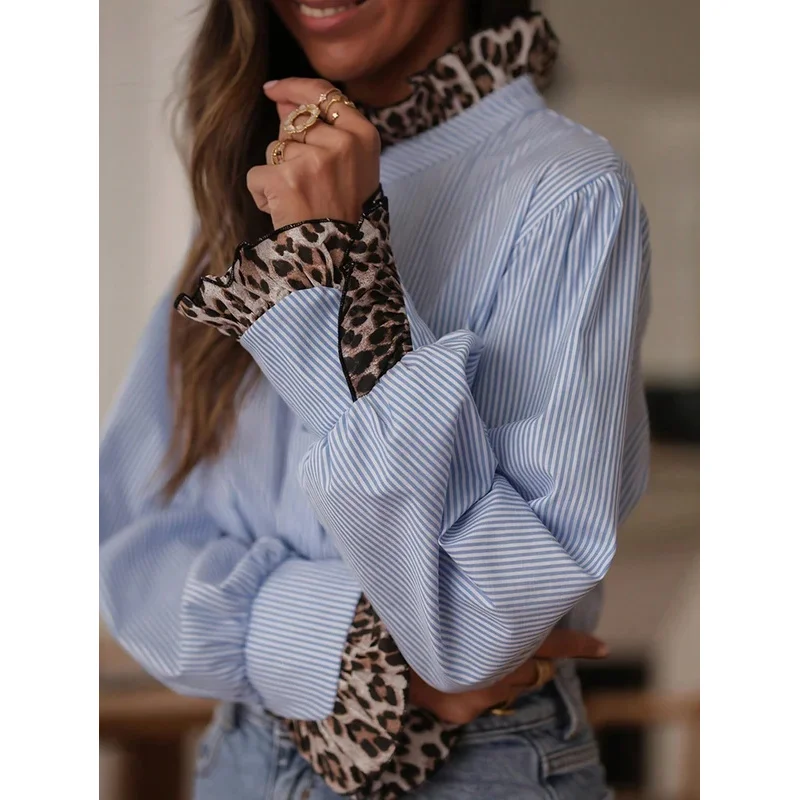 

Spring Women's Elegant Casual Striped Leopard Print Patchwork Blouse Suitable for All Seasons Elegant Long Sleeve Blouse Shirts