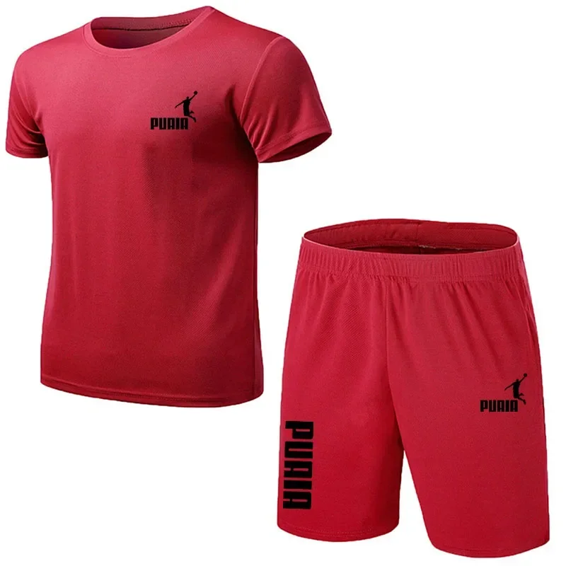 Summer new men\'s casual comfort breathable quick drying mesh T-shirt top + shorts 2 sets jogging fitness training sportwear set