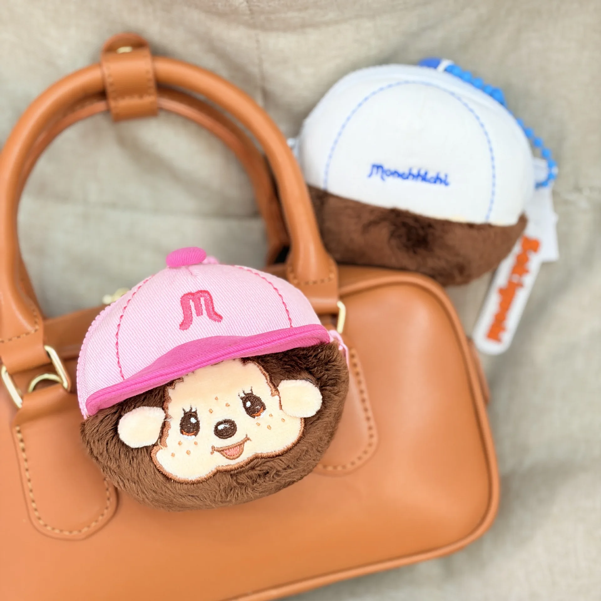 10cm new cartoon Monchichi plush toy keychain baseball cap design mini headphone storage bag cute bag decoration pendant gift