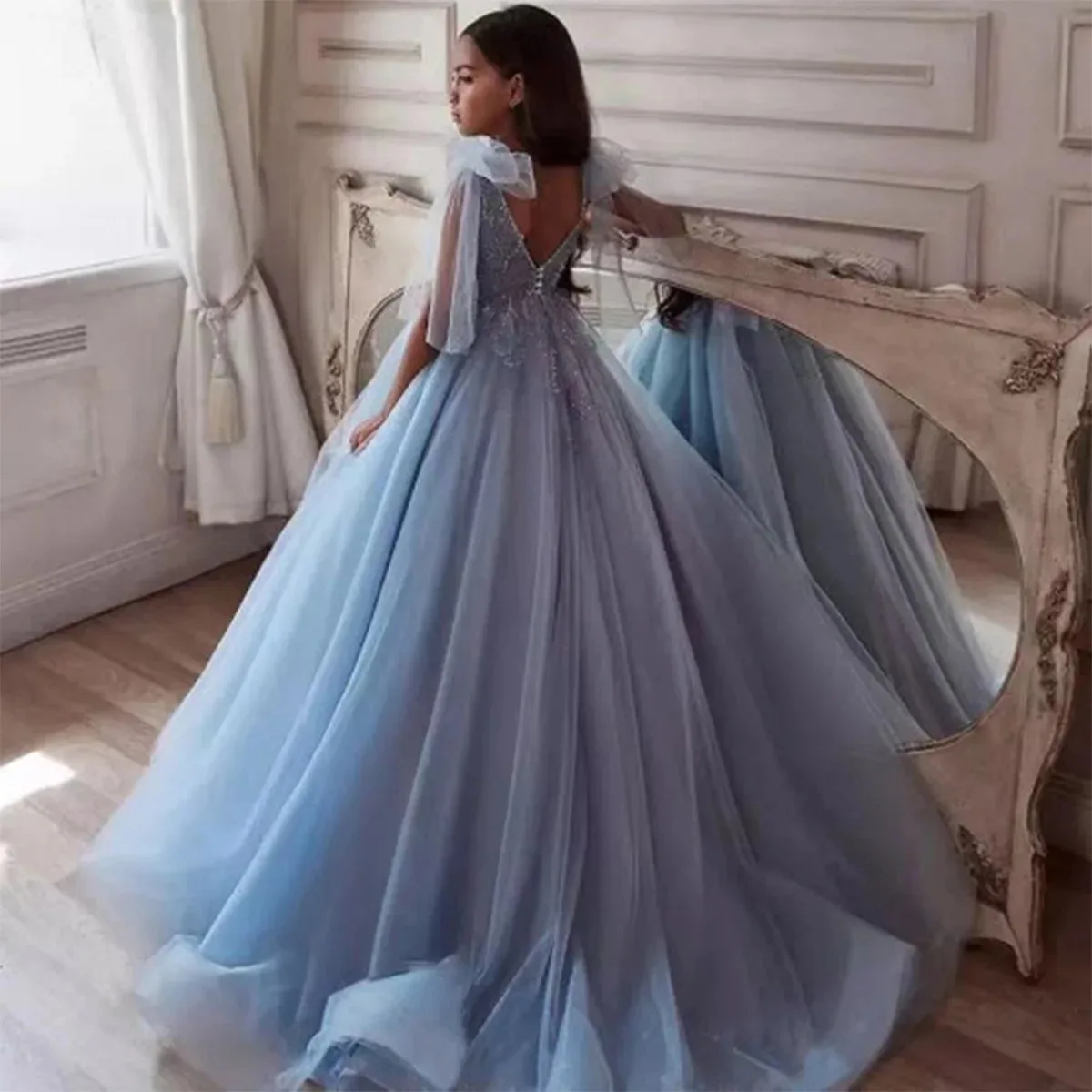 Girls Wedding Formal Party Light Luxury Lace Trailing Flower Girl Dress Tulle Shoulder Bow Beaded Sequin Princess Dress