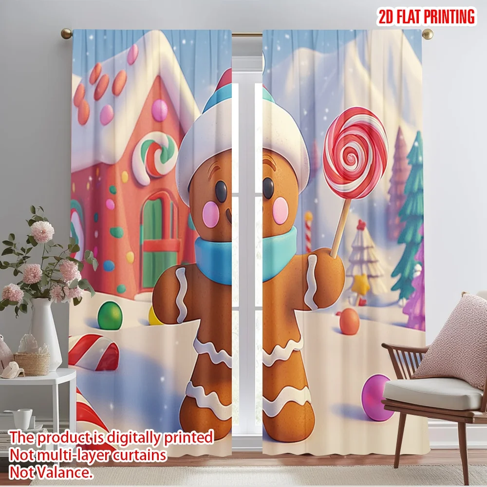 

2pcs,2D plane printing Popular Curtains Cute Gingerbread Man Candy (2) Versatile Fabric (without rod) Decorations Outdoor Ldeal