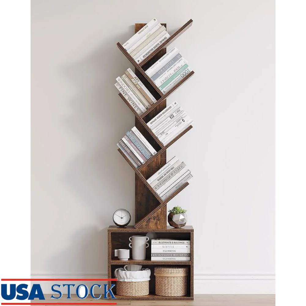 

6 Tier Tree Bookshelf Narrow Small Bookcase with Storage Cabinet Bookshelf Organizer Floor Standing Modern Design Office Living