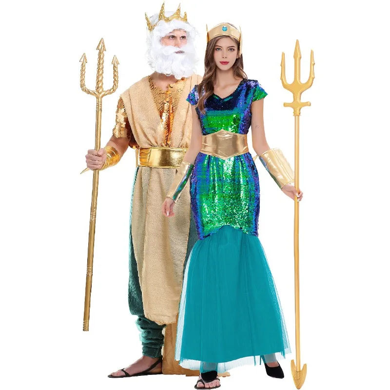 Adult Golden Poseidon Mermaid Halloween Costume Women  Men Greek Mythology Olympian God King of the Sea Dress up Carnival Purim