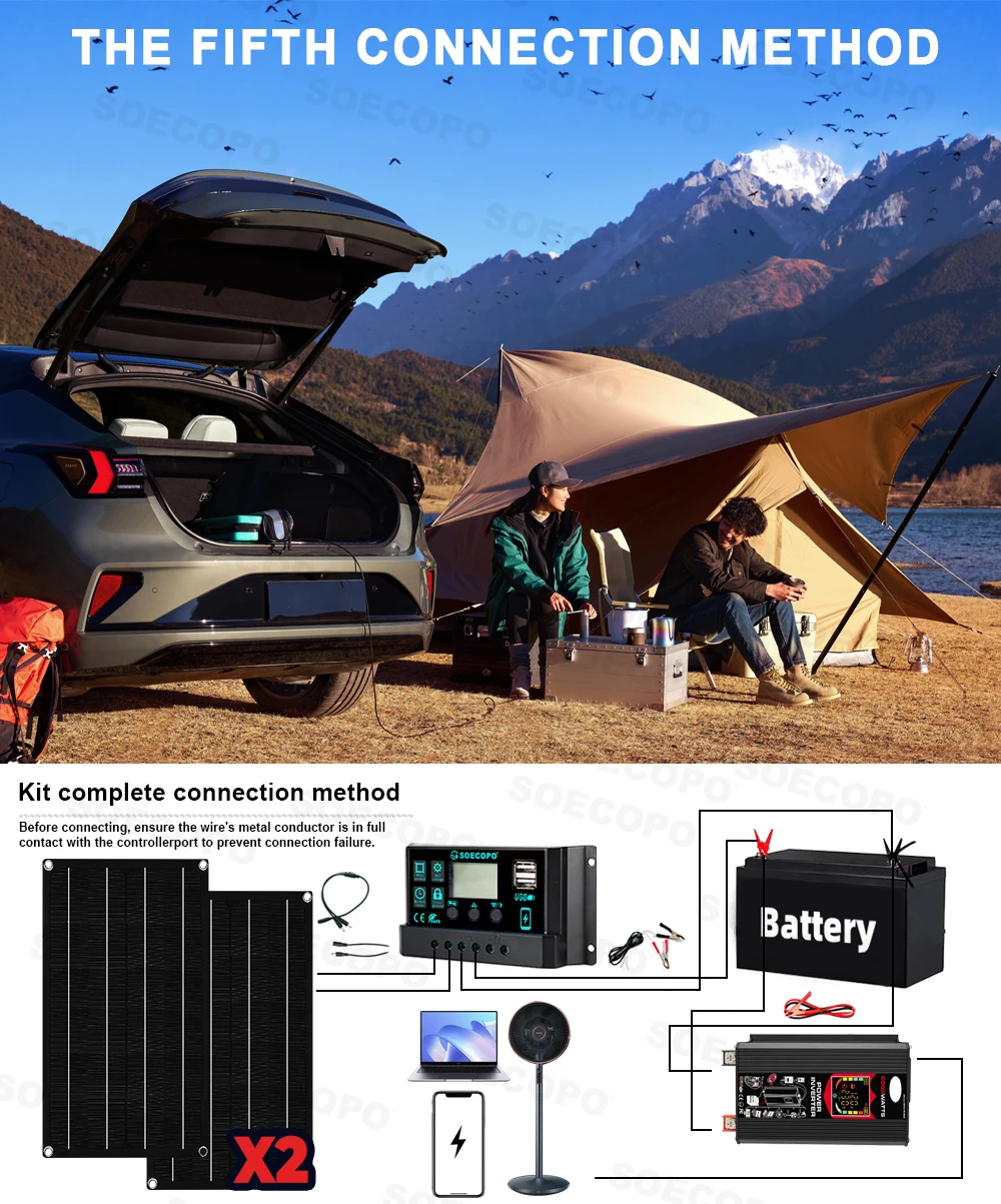 2-حزمة 800 واط مجموعة الألواح الشمسية المحمولة 6000 واط الذروة الطاقة تيار مستمر 12 فولت إلى التيار المتناوب 110 فولت/220 فولت مع وحدة تحكم 100A للاستخدام المنزلي سيارة تخييم #6