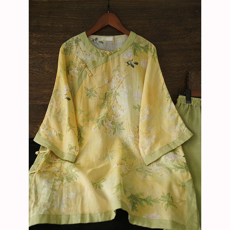 새로운 여름 여성용 밴딩 와이드 레그 팬츠 고품질 라미 프린트 빈티지 싱글 브레스티드 루즈 블라우스 투피스 세트 D003