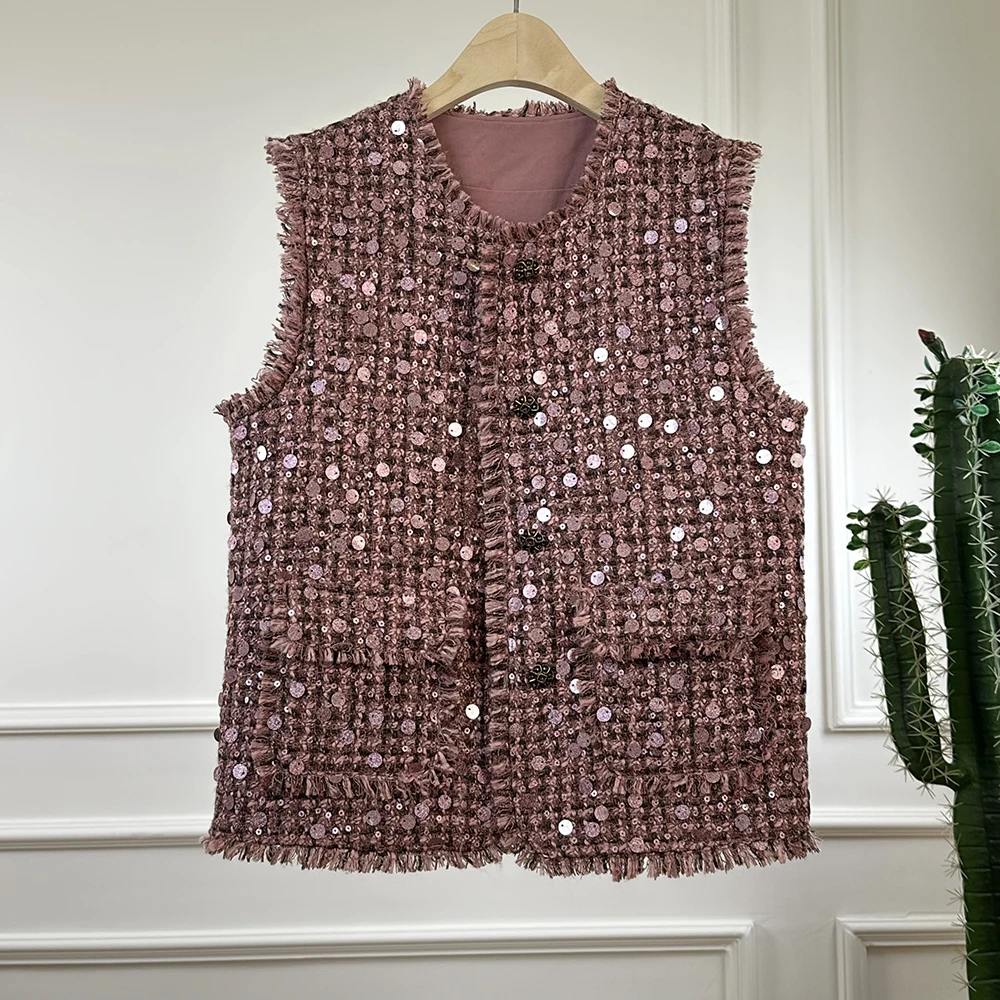 Small Fragrant Luxury Vintage Autumn Sequin Tweed Vest Jacket Coat Fashion Women O Neck Sleeveless Tank Tassel Wool Pockets Tops