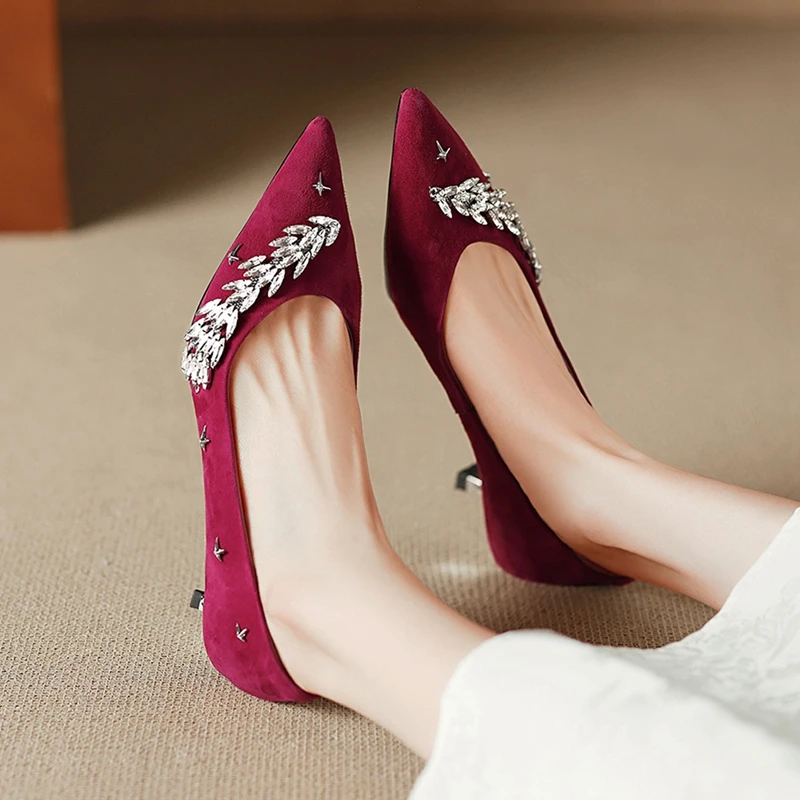 

Women's new spring and autumn genuine leather sheep suede pointed high-heeled rhinestone star banquet work shoes wedding shoes