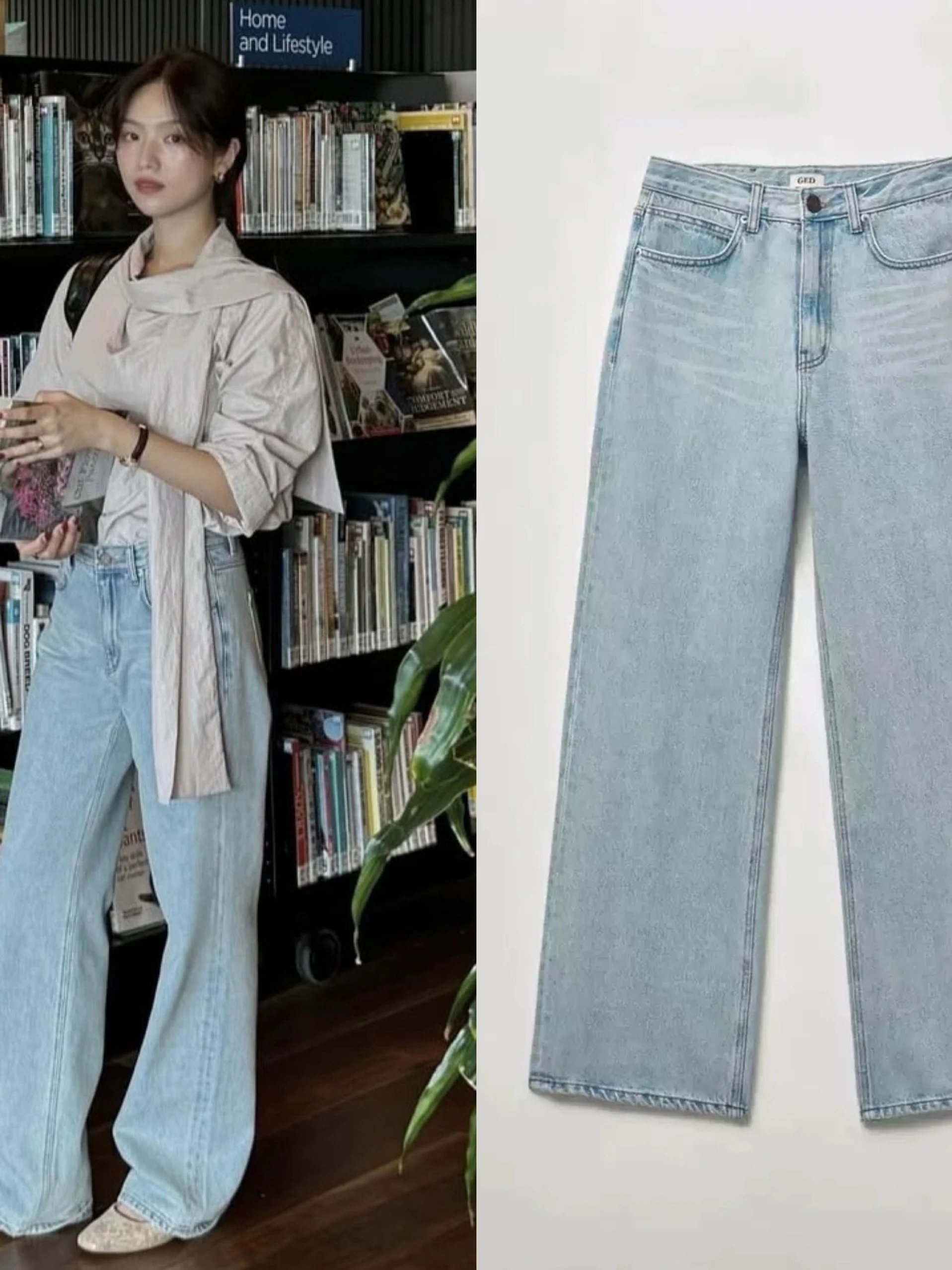 Jeans de Cintura Alta com Pernas Retas e gem Clara  GED He Jing Moda Fena Estilo Casual de Aodão com Efeito...