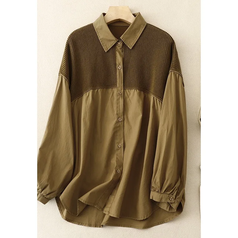

2026 Spring and Summer Loose Solid Color Lapel Splicing Long-sleeved Shirt Women's Jacket