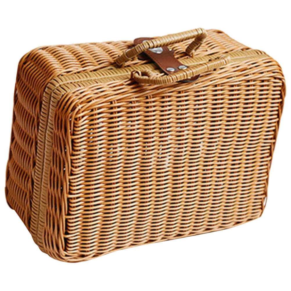 Imitation Rattan Suitcase Makeup Woven Picnic Hamper Simulated Retro Style Storage Basket Wicker