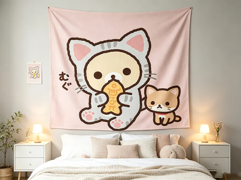 Pink Dressed As Grey Cat Tapestry, Japanese Cartoon Cute Bear & Little Dog Wall Decor Tapestry