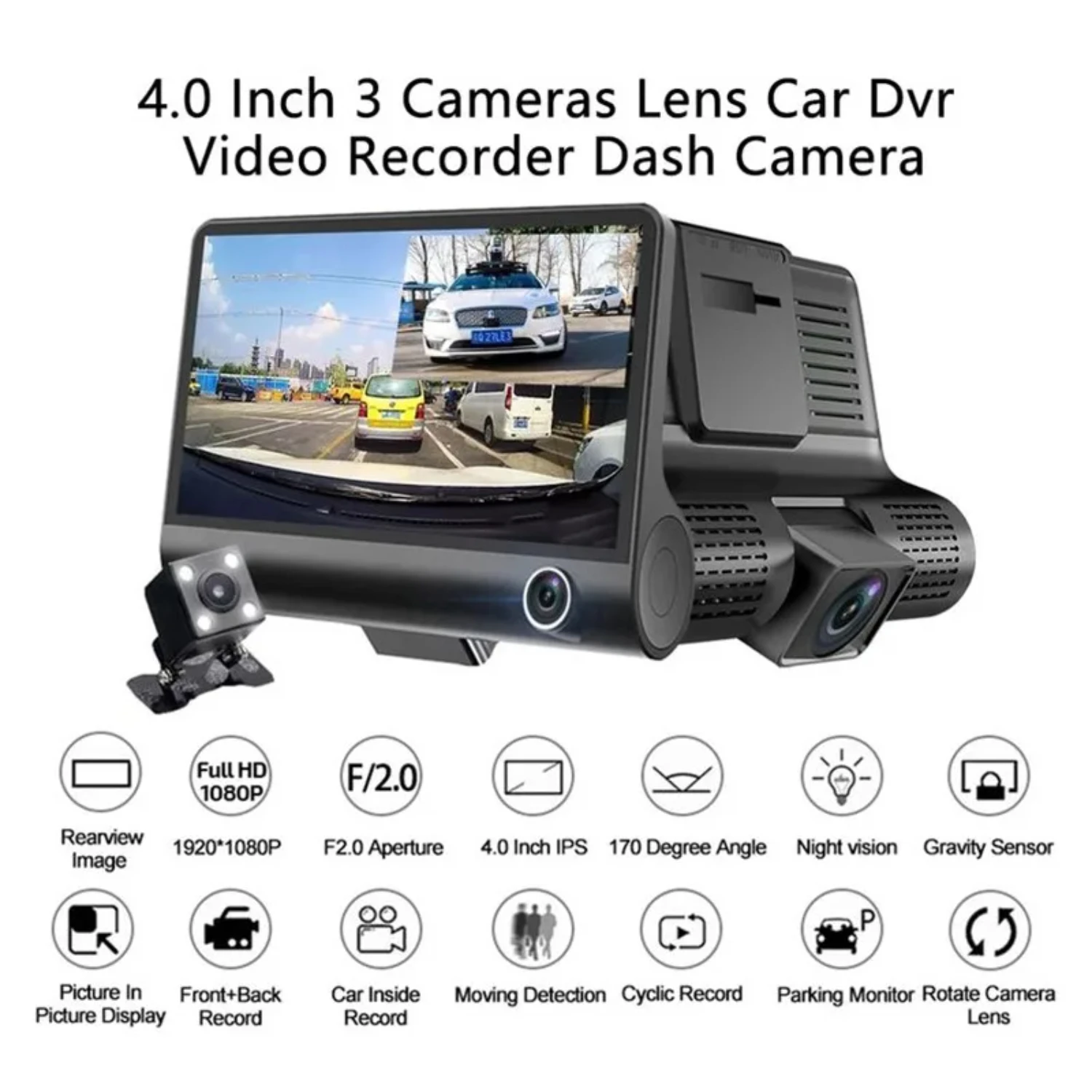 

Dashcam Car DVRs 4 Inch Car Camera FHD 1080P Auto Recorder Cam 3 Camera Lens Registrator with Rear View Camera