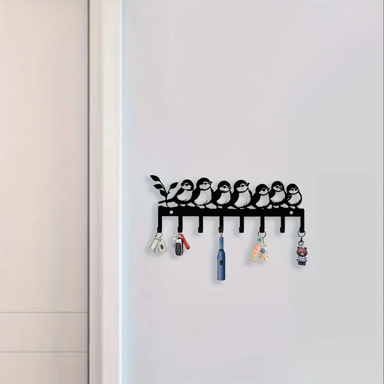 Metal Key Holder Wall Mount with Cute Bird Pattern, Powder Coated Rustproof Entryway Hooks for Keys Hats Decor