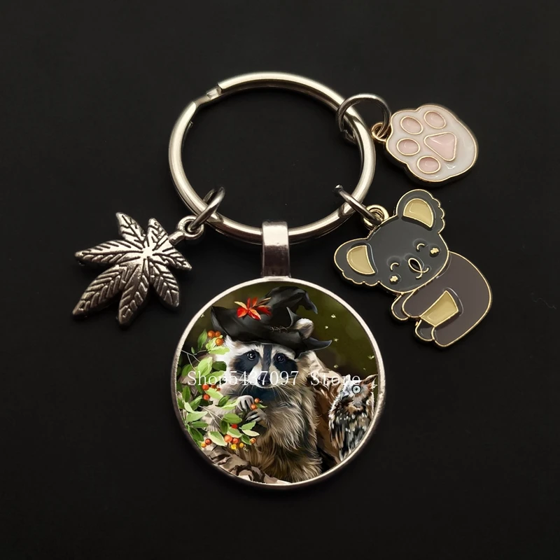 Cute Art Raccoon Keychain Keyring Retro Wild Animal Glass Dome Keychain Jewelry Ladies Children Lover Fashion Gift Strap