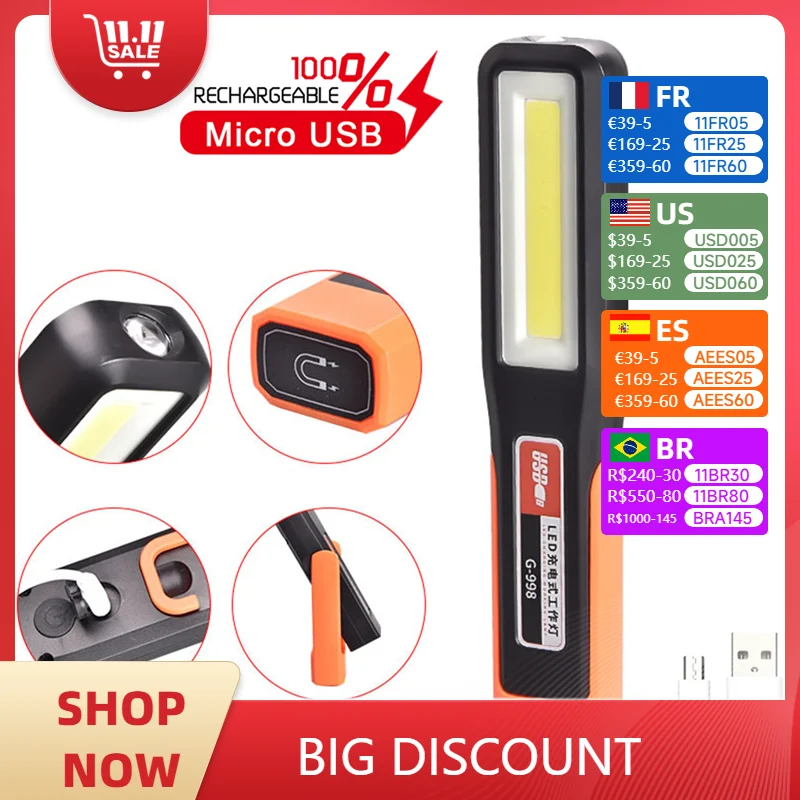 Poderoso COB LED Luz De Trabalho Carro Garagem Mecânico Lâmpada USB Lanterna Recarregável Tocha Magnética Luz De Emergência Luz De Advertência