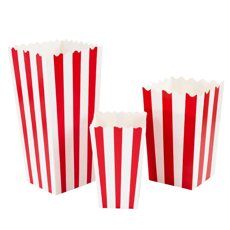 10/12pcs Red White Striped Popcorn Boxes Snack Treat Paper Box Candy Cookie Container Decor Baby Shower Birthday Party Supplies