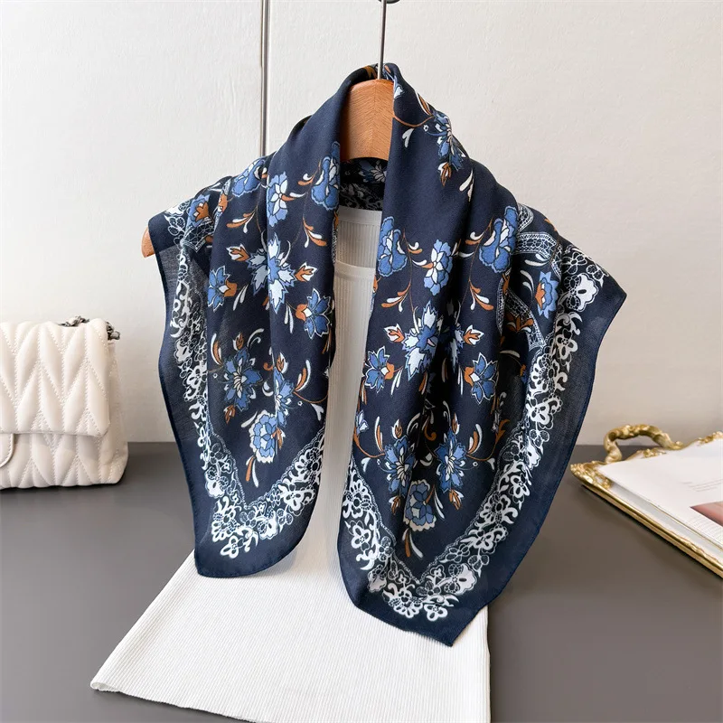 

65*65cm Floral Print Small Cotton Feel Neck Ties Velvet Square Scarf for Women Soft Neckerchief Lady Hijab Female Hair Headbands