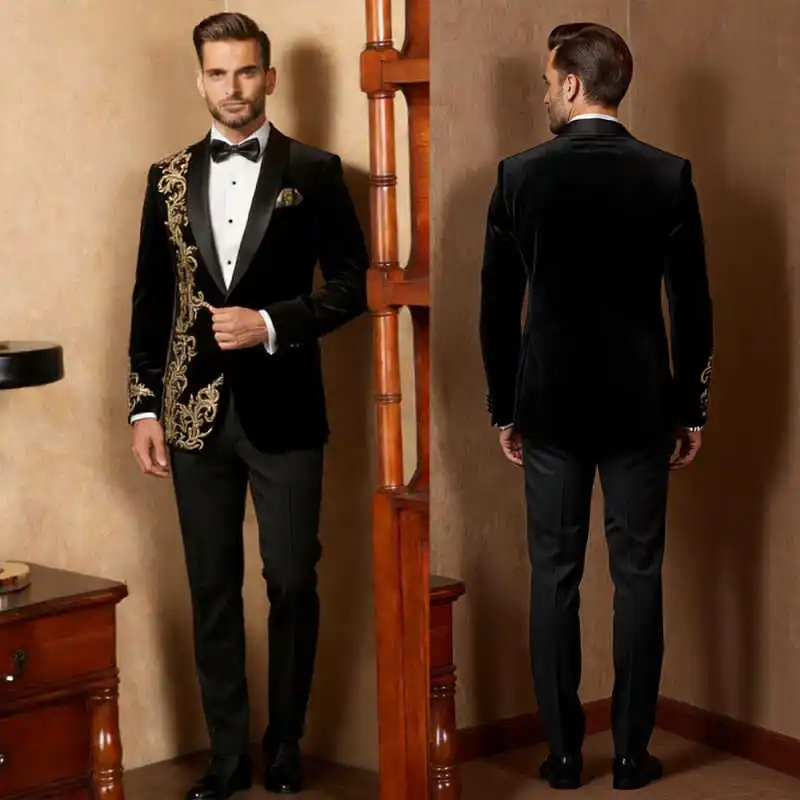 

Stylish Velvet Men Suits One Button Shawl Lapel Groom Wedding Tuxedos 2 Pieces Appliques Customized Formal Party Wear