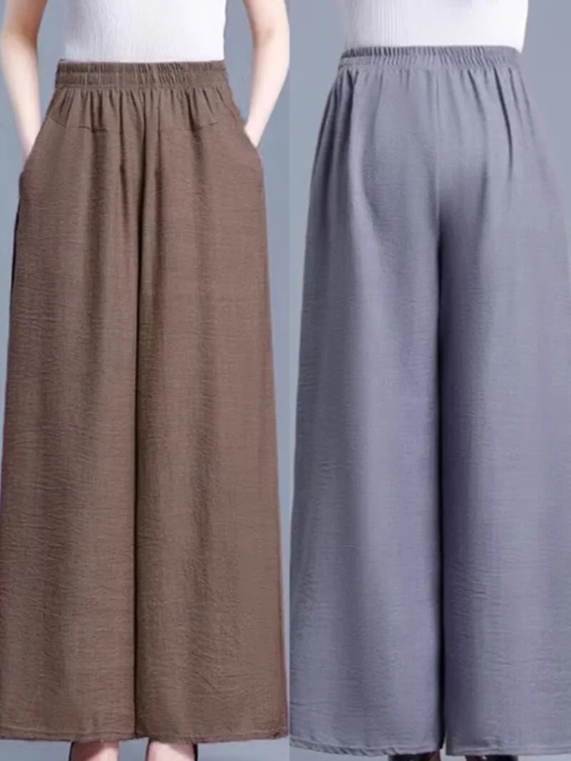 

Женские повседневные свободные джинсы-клеш с высокой талией из льна, большие размеры, в корейском стиле, с декоративными элементами, летняя коллекция 2024