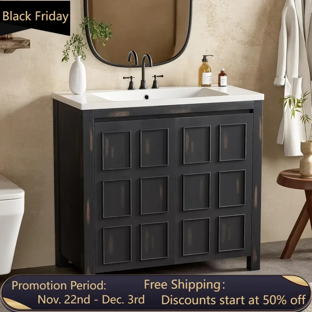 

36" Bathroom Vanity Combo with Ceramic Sink,Pedestal Sink Cabinet with 2 Soft-Close Doors, SolidWood Bathroom Cabinet, Vintage