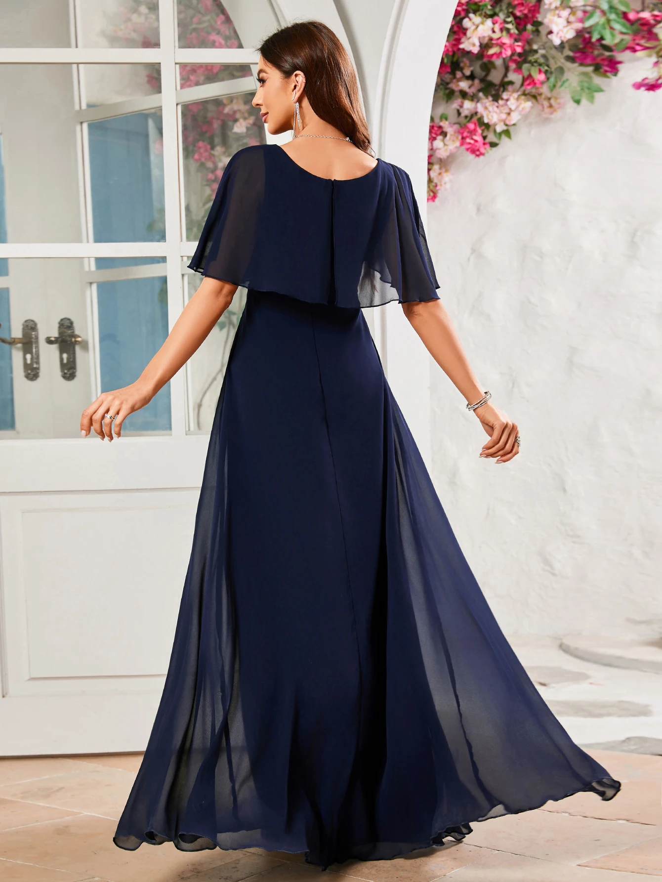 Unithorse Flounce Sleeve V-Neck Chiffon Embroidery Beading Decorated Formal Bridesmaid Dress