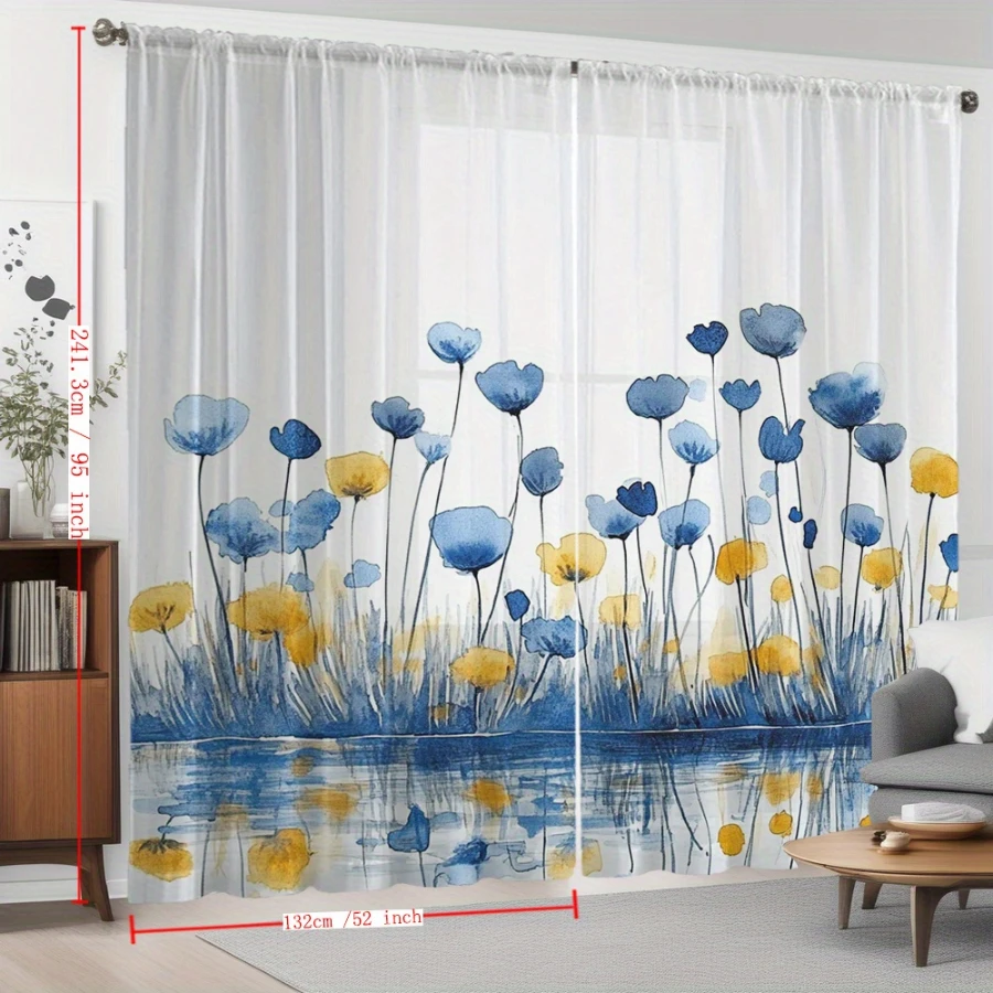 2PCS Digital Print Sheer Curtains, Lake Flower Cluster Pattern, Natural Pastoral Style for Living Room Bedroom Window Decor