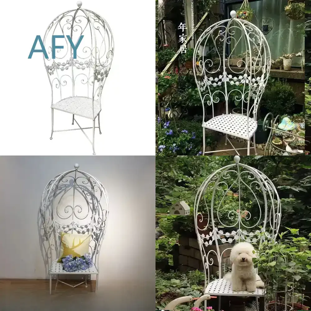 Retro Casual Chair for Outdoor Patio Balcony Courtyard Garden Park Wrought Iron Climbing Vine Frame Lazy White Free Standing