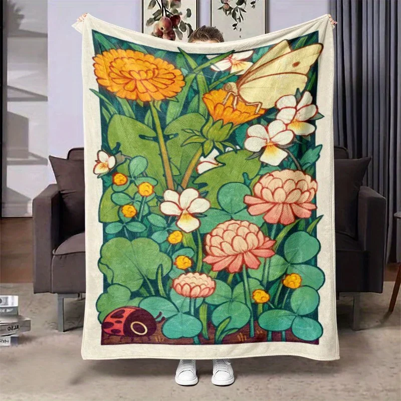 

pc Floral Butterfly Print Flannel Blanket Soft Warm AllSeason Throw with Vibrant Garden Design Perfect for Home Office