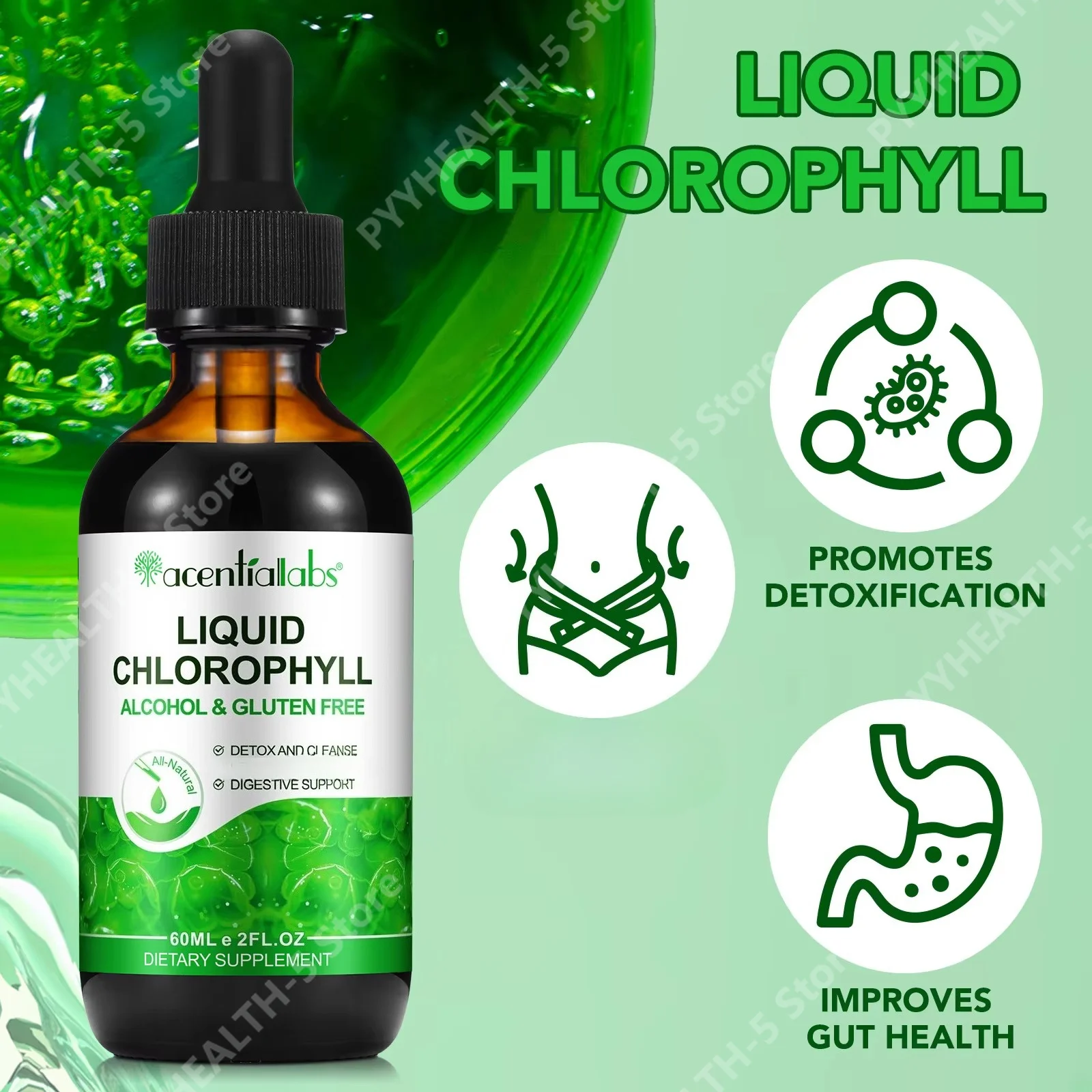 AcentiLabs Liquid Chlorophyll Drops Alcohol Free Gluten Free Sodium Copper Chlorophyllin Cleanse Digestive Support 60 ML