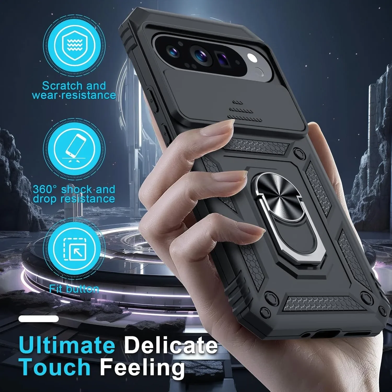 حافظة لهاتف جوجل بيكسل 9 برو XL 9 Pro 9 8A 8 Pro 7A عدسة كاميرا منزلقة حلقة عسكرية مسند مغناطيسي مصدات من الدرجة أغطية مدرعة