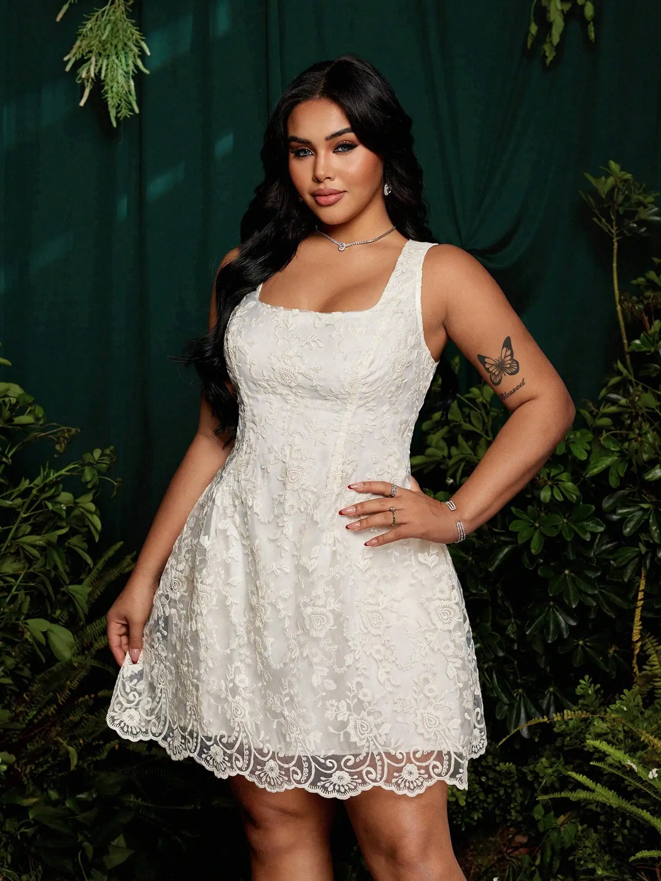 

Elegant Sleeveless Square Neck A-Line Lace Mini Dress For Spring Summer