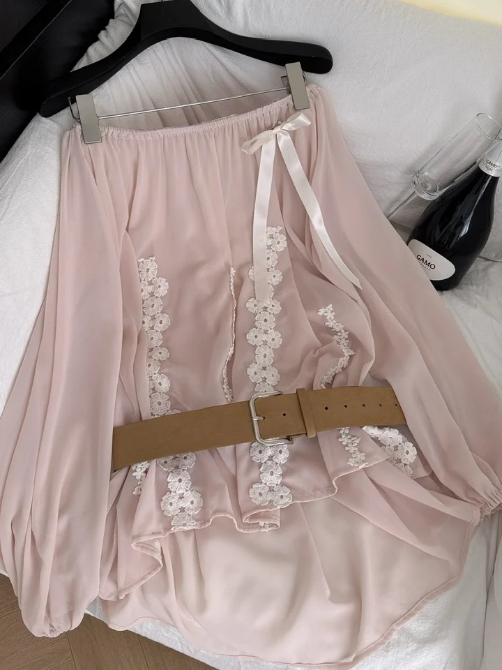 Heavy Embellied Lantern Sve Chiffon irt Loose Fit One oulder  Knot Design Korean Sle Commute Faion Wome...