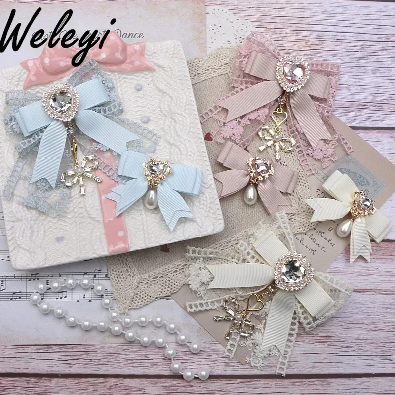 Lolita Sweet Hair Accessories Female Jirai Kei Japanese Korean Cute Girl Side Clips Mine Style Lace Bow Rhinestone Hairpins 2024