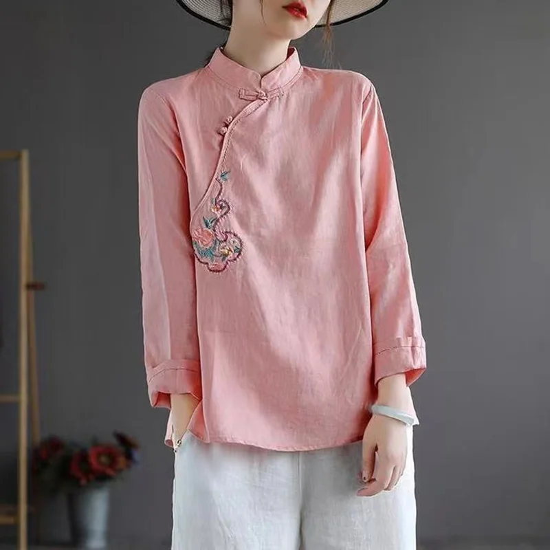 

Traditional Chinese Clothing for Women Long Sleeve Shirt Cotton Linen Hanfu Qipao Ladies Ethnic Top