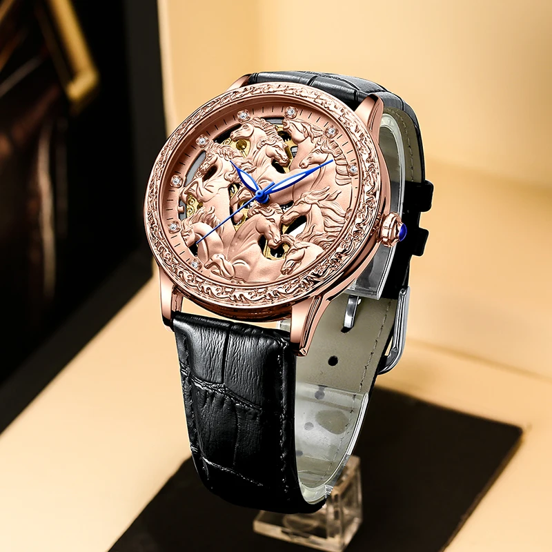 Creative Mechanical Watches for Men Cool Galloping Horses Skeleton Rhinestone Scale Dial Design Patterned Engraved Case Gift New