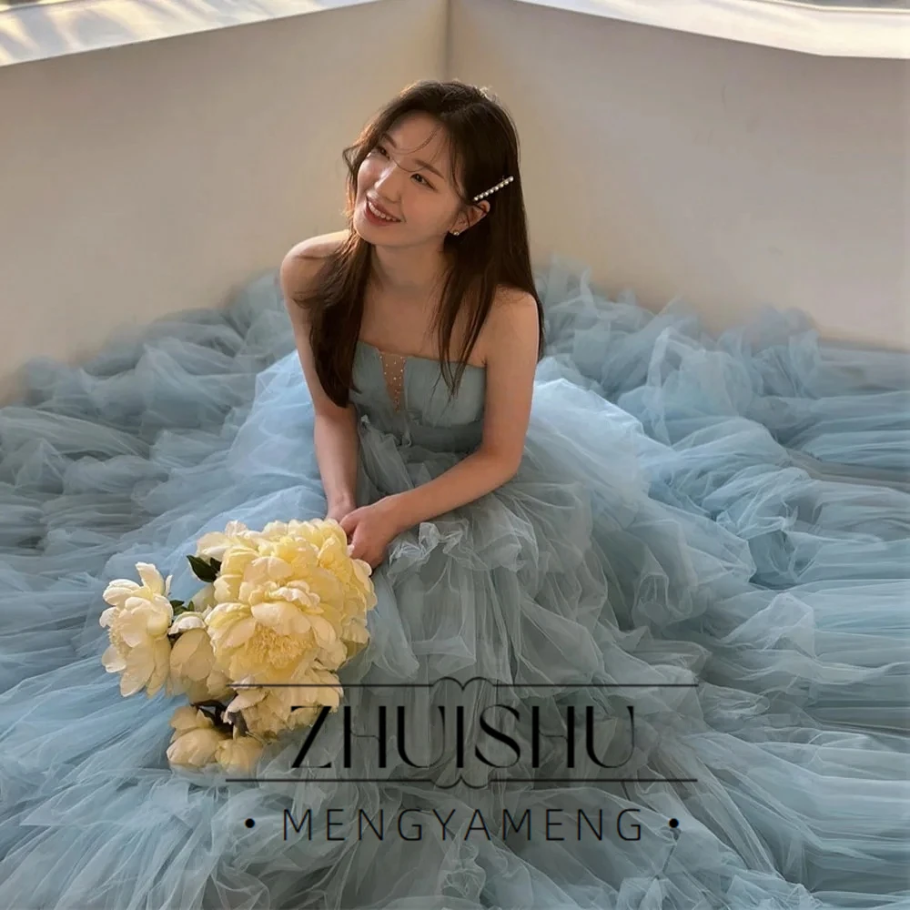 ZHUISHU Fairy Dusty Blue Tulle Evening Dresses Korea Wedding Party Photo shoot Strapless layered Prom Gowns Princess Customized