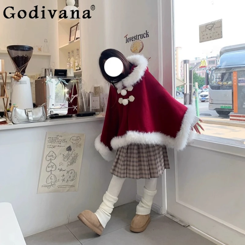 

Hooded Fur Collar Red Cape for Women Autumn Winter Fur Solid Color Plaid Warm Shawl Coat Female Christmas New Year Ponchos
