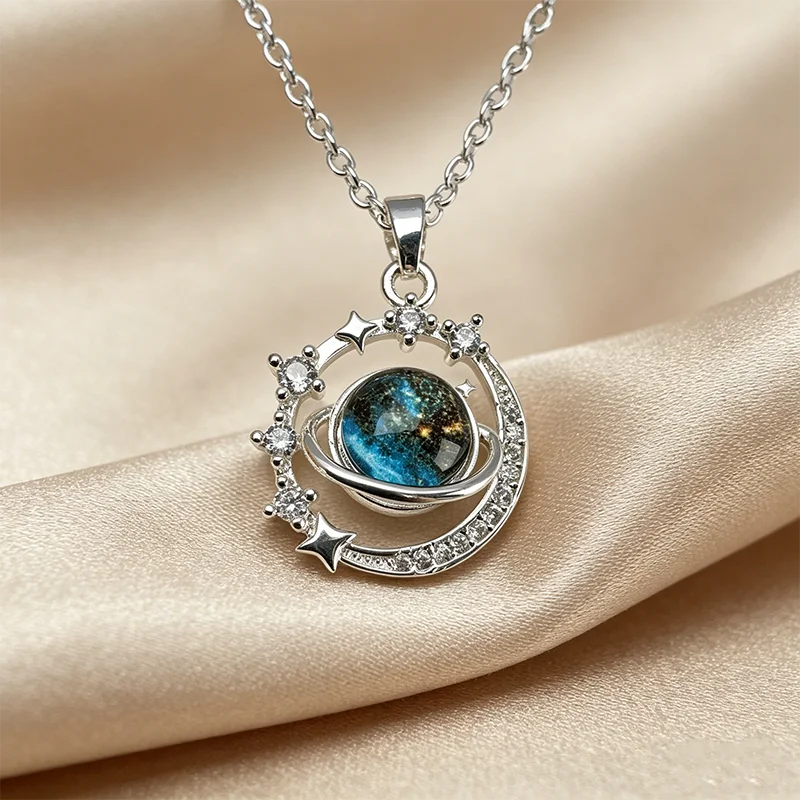 Silver Plated Rotatable Galaxy Planet Pendant Necklace for Women Sparkling CZ Saturn & Star Necklace Elegant Celestial Jewelry