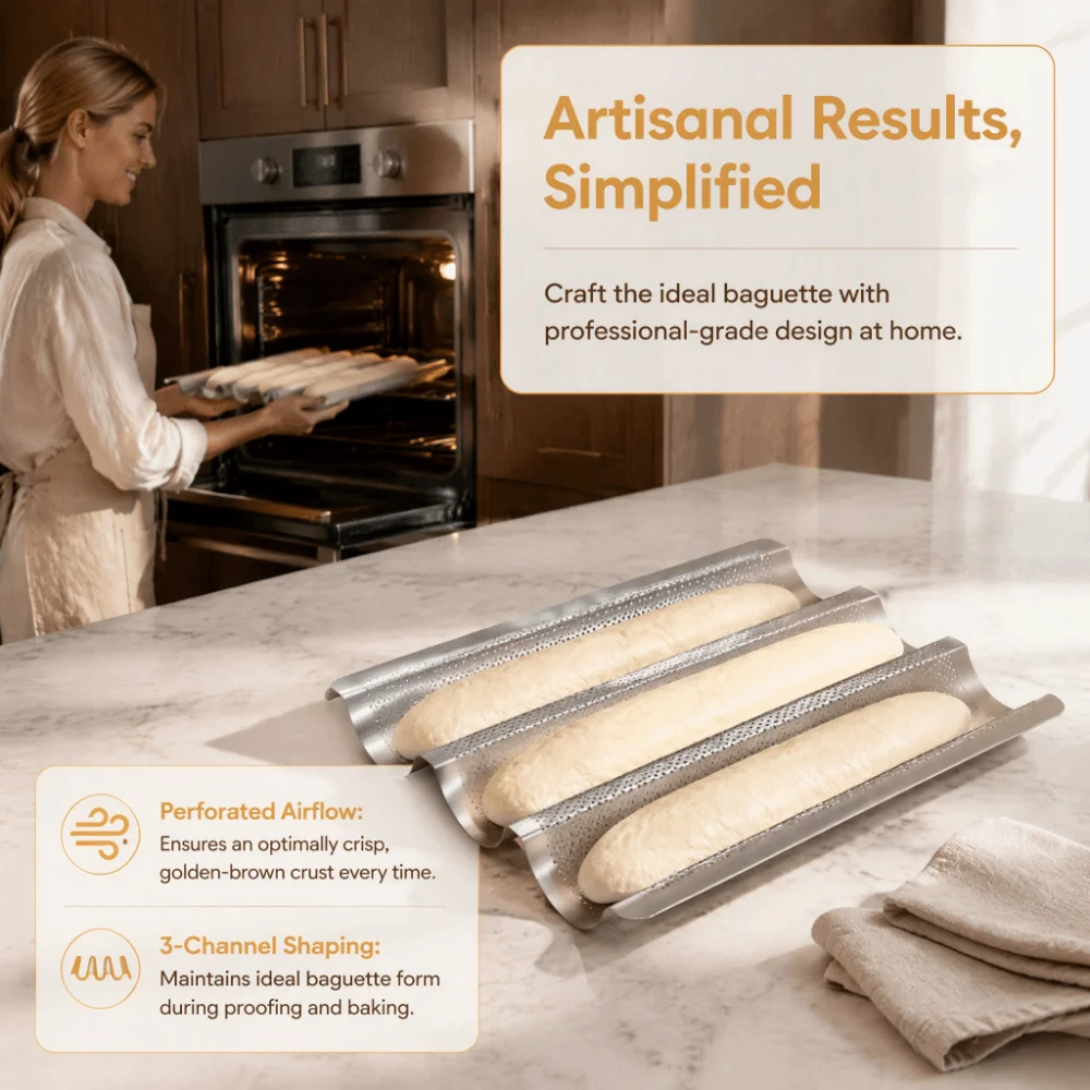 2PCS Carbon Steel Baguette Baking Pan Nonstick Perforated French Bread Pan Rounded Corner Three Channel Bread Baking Tray