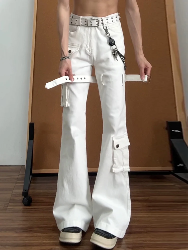 

Белые джинсы-клеш с поясом для мужчин, в стиле американского стритстайла, летние, прямые, облегающие, с эффектом потертости