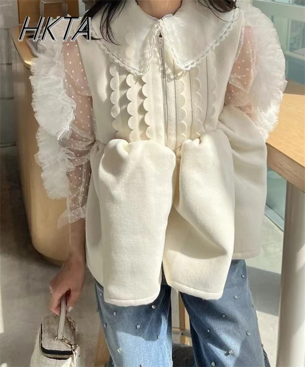 Kaus Pullover Jaring Polka Dot Tiga Dimensi Berlipat Tulle Manis Jepang Atasan Wanita Musim Panas Kemeja Lengan Panjang Leher Kru Baru