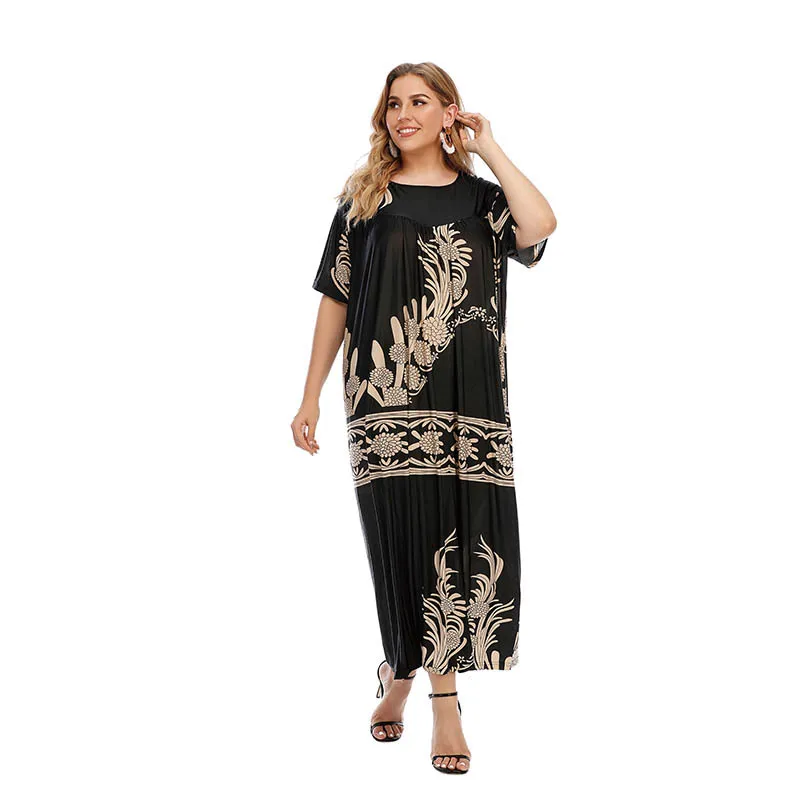 XL-4XL de talla grande para mujer, ropa de manga corta negra, vestidos largos holgados informales con estampado de moda, 2023