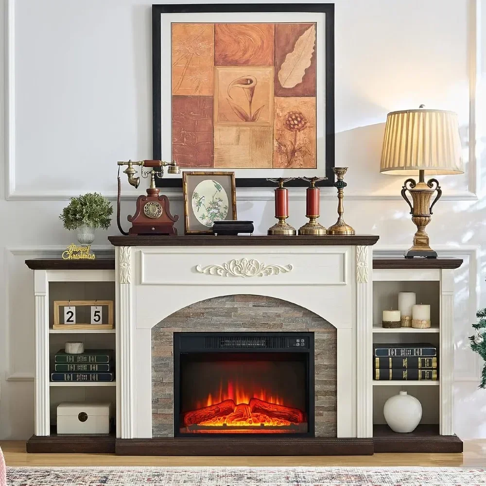 Electric Fireplace with Mantel White TV Stand for TVs, Farmhouse Entertainment Center with Storage for Bedroom