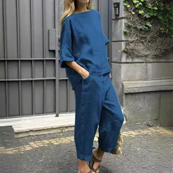 Summer Women's Suit New Short-sleeved O-neck Shirt Top 2024 Large Size Cotton And Linen Shirt High-waisted Loose Trousers Suit